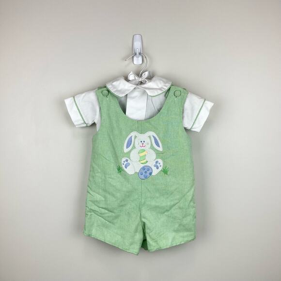 Vintage Glorimont Reversible Bunny Tools Applique Shortall Set XS 6 Months USA - Picture 1 of 15
